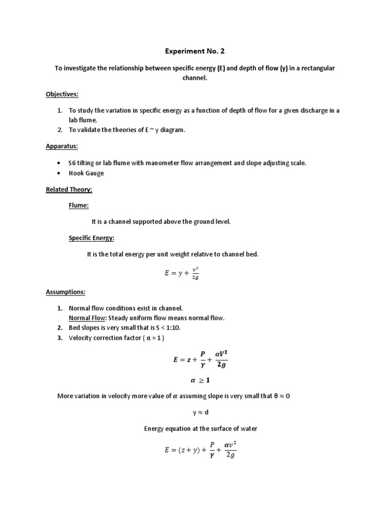 To Investigate The Relationship Between Specific Energy (E) and Depth ...