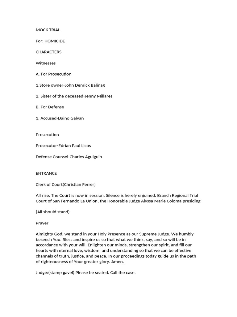 Homicide Mock Trial Script | PDF | Witness | Testimony