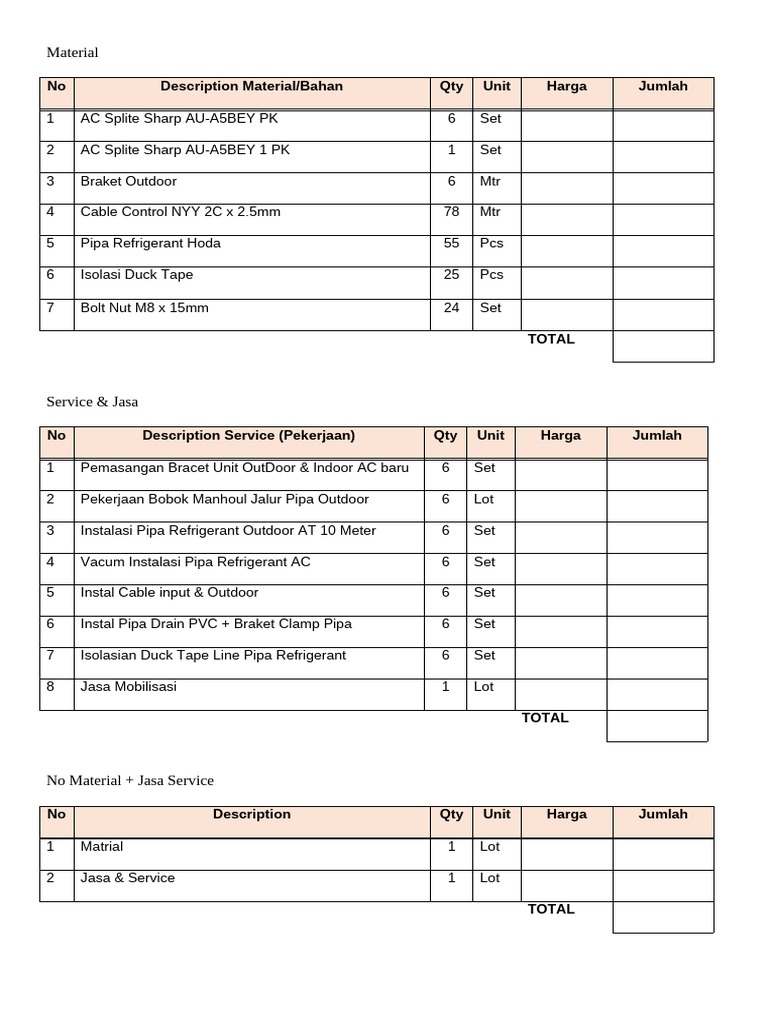 AC Installation Materials and Services List | PDF