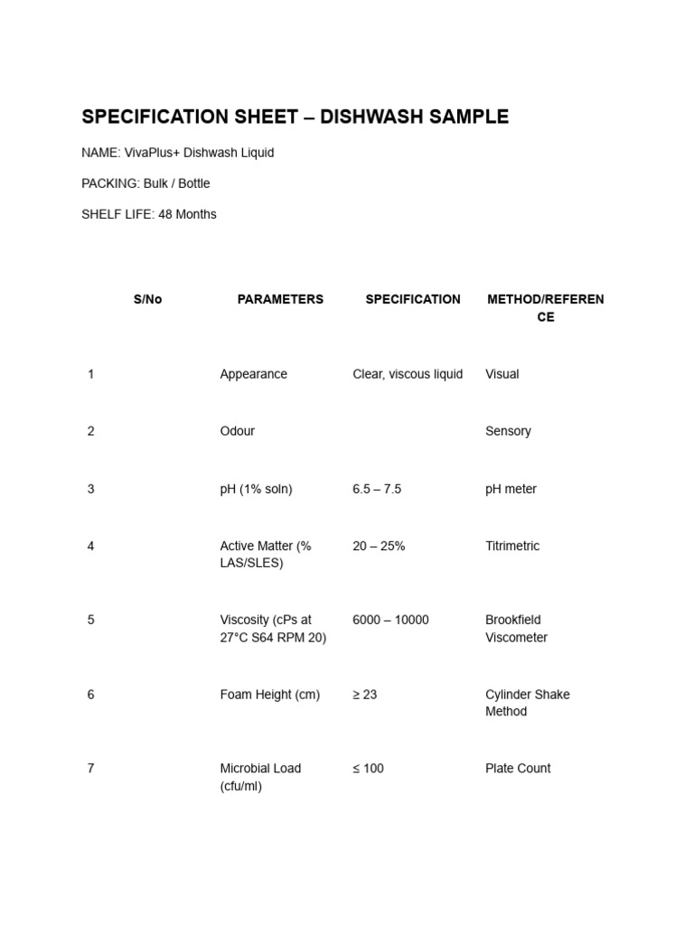 Dishwash & Toothpaste Specs Sheet | PDF | Ph | Viscosity