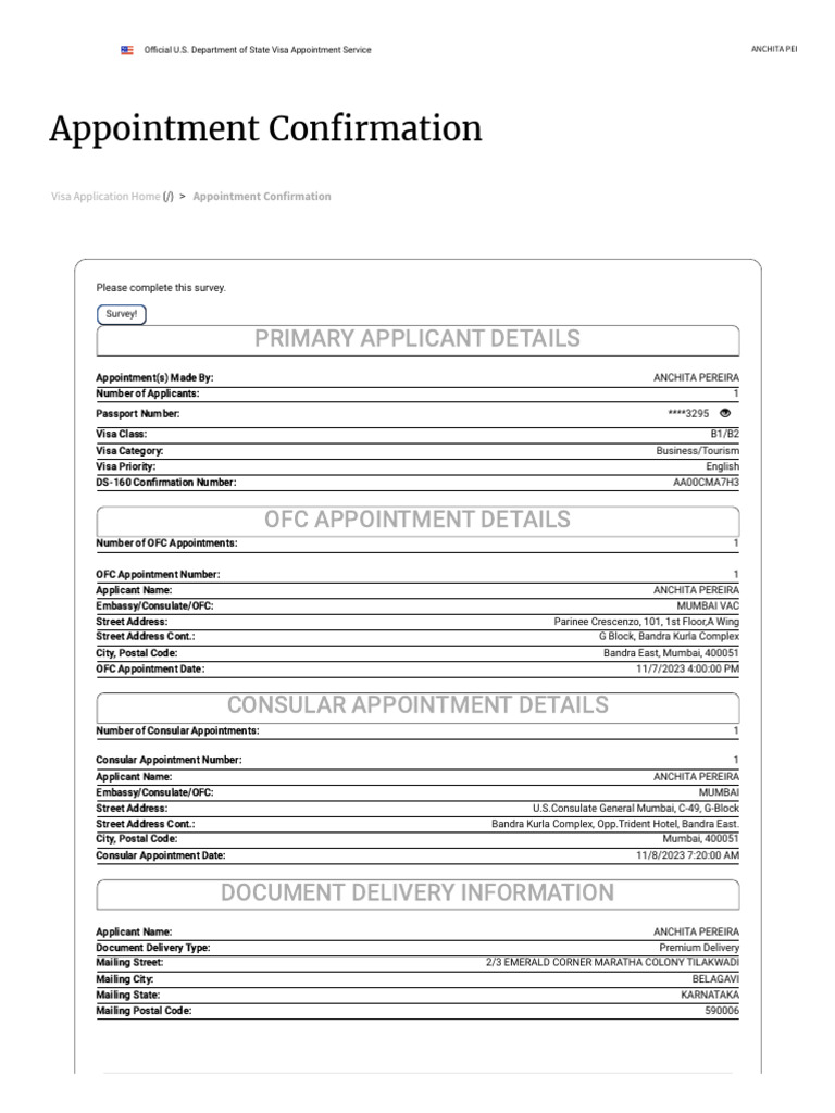 U.S. Visa Appointment Confirmation Details | PDF | Identity Document ...
