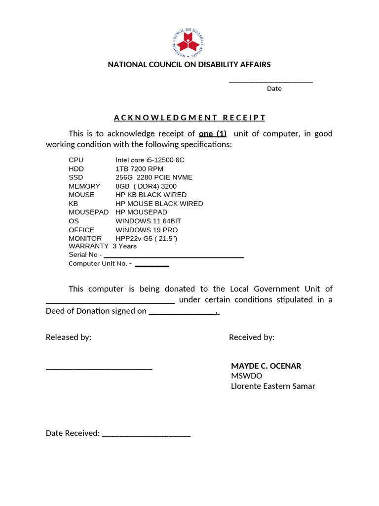 23 09 11 Acknowledgment Receipt Computer Donation HP v2 | PDF