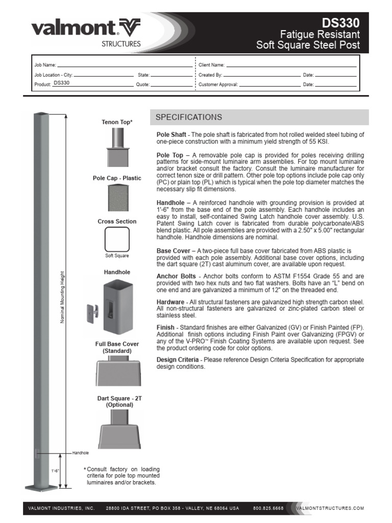 Square Straight Steel Pole DS330 - Valmont Structures | PDF | Screw ...