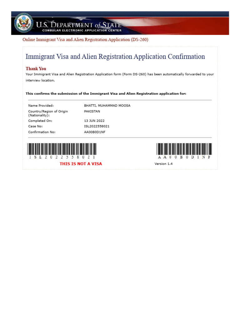 DS-260 Immigrant Visa Application Confirmation | PDF