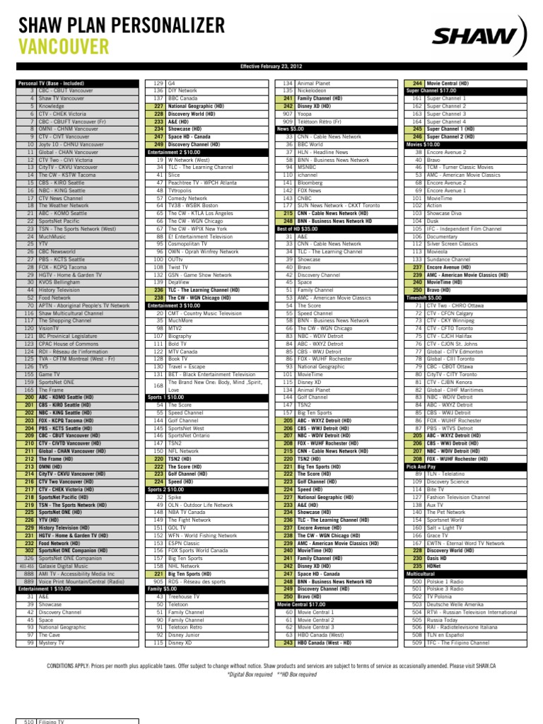 Shaw Channel Lineup PDF Media Industry Media Companies Of The