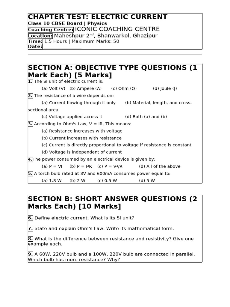 Class 10 Electric Current Test Guide | PDF