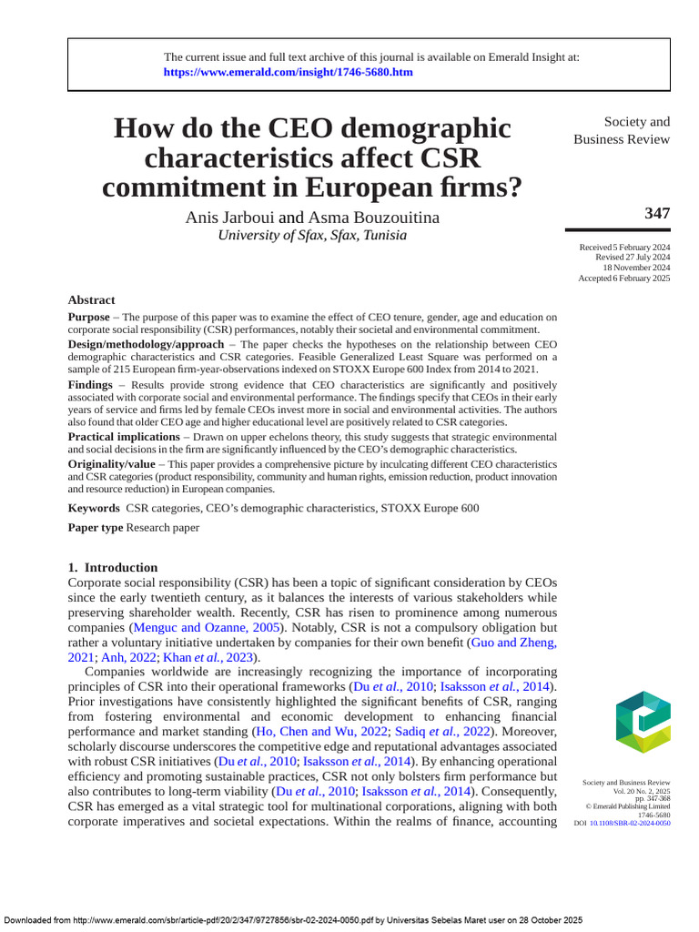 CEO Demographics and CSR in Europe | PDF | Corporate Social ...