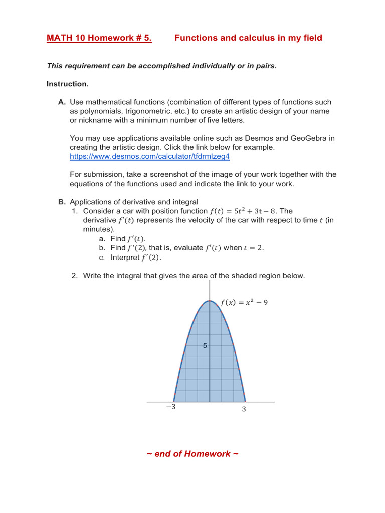M10 HW 5 (Functions and Calculus in My Field) | PDF