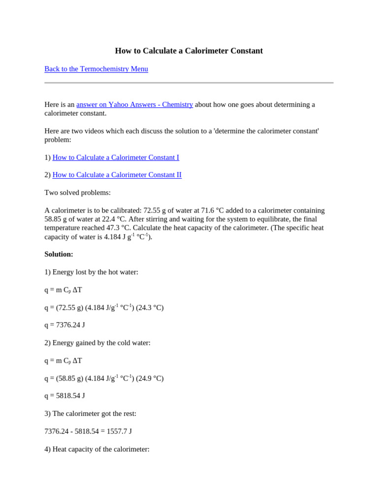 Calculate Calorimeter Constant Guide | PDF | Melting | Acid