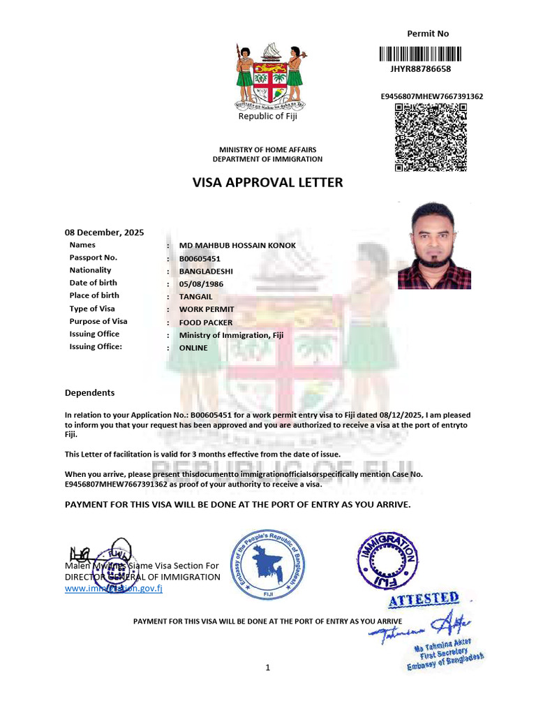 Fiji Work Permit Approval Letter | PDF | Travel Visa | Passport
