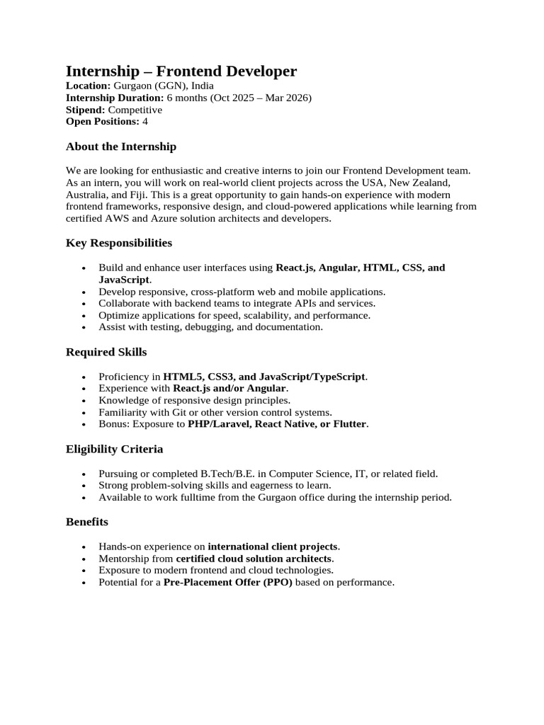 Frontend Developer Internship in Gurgaon | PDF