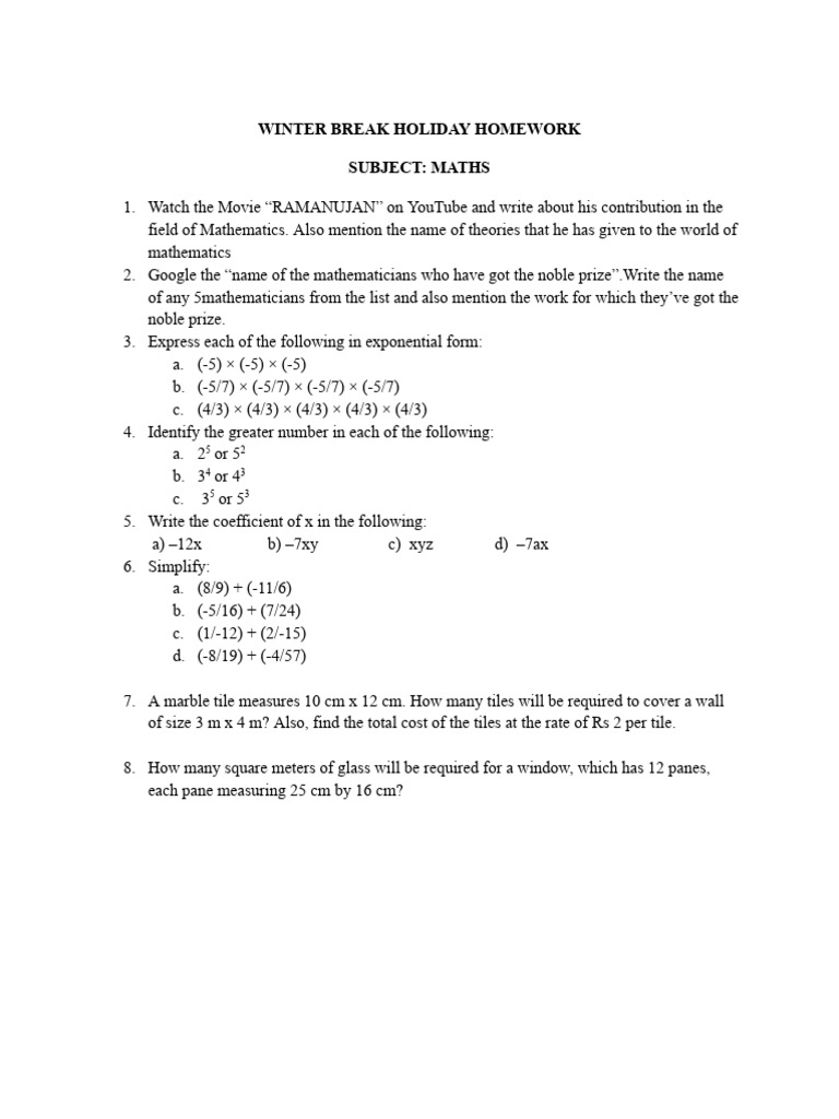 Winter Break Holiday Homework | PDF