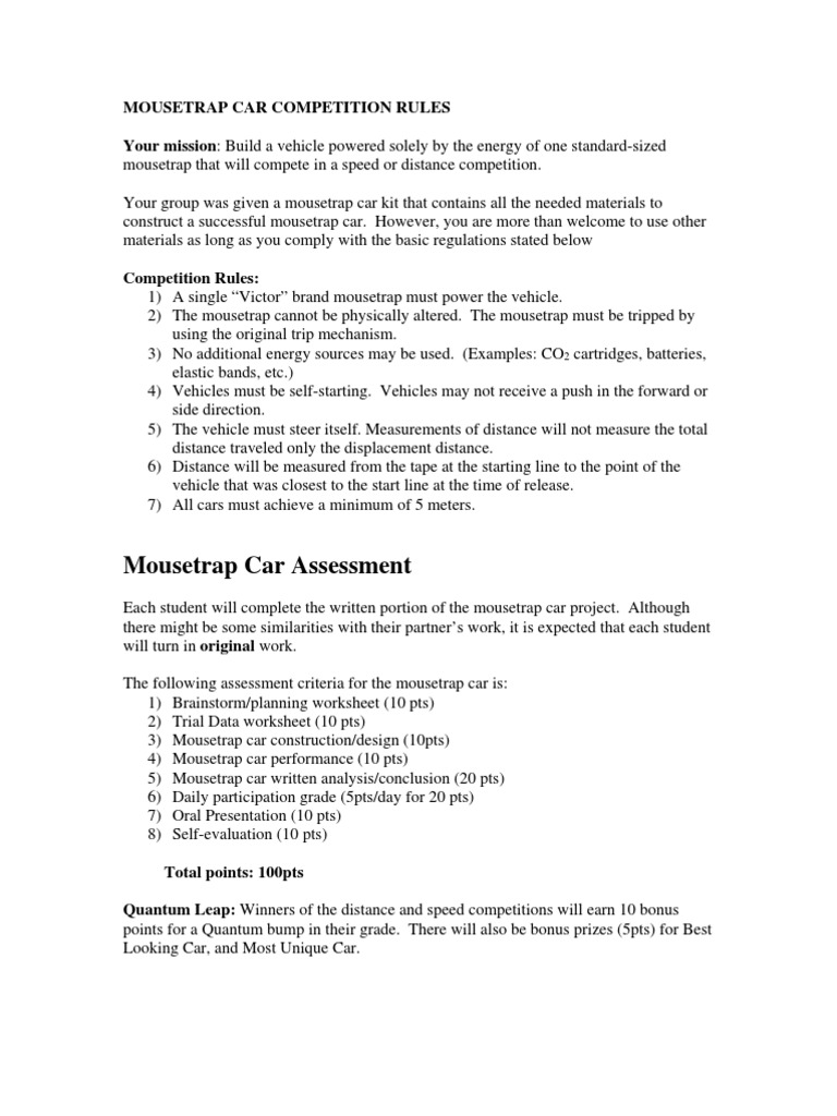 Mousetrap Car Competition Rules PDF Vehicles Cognition