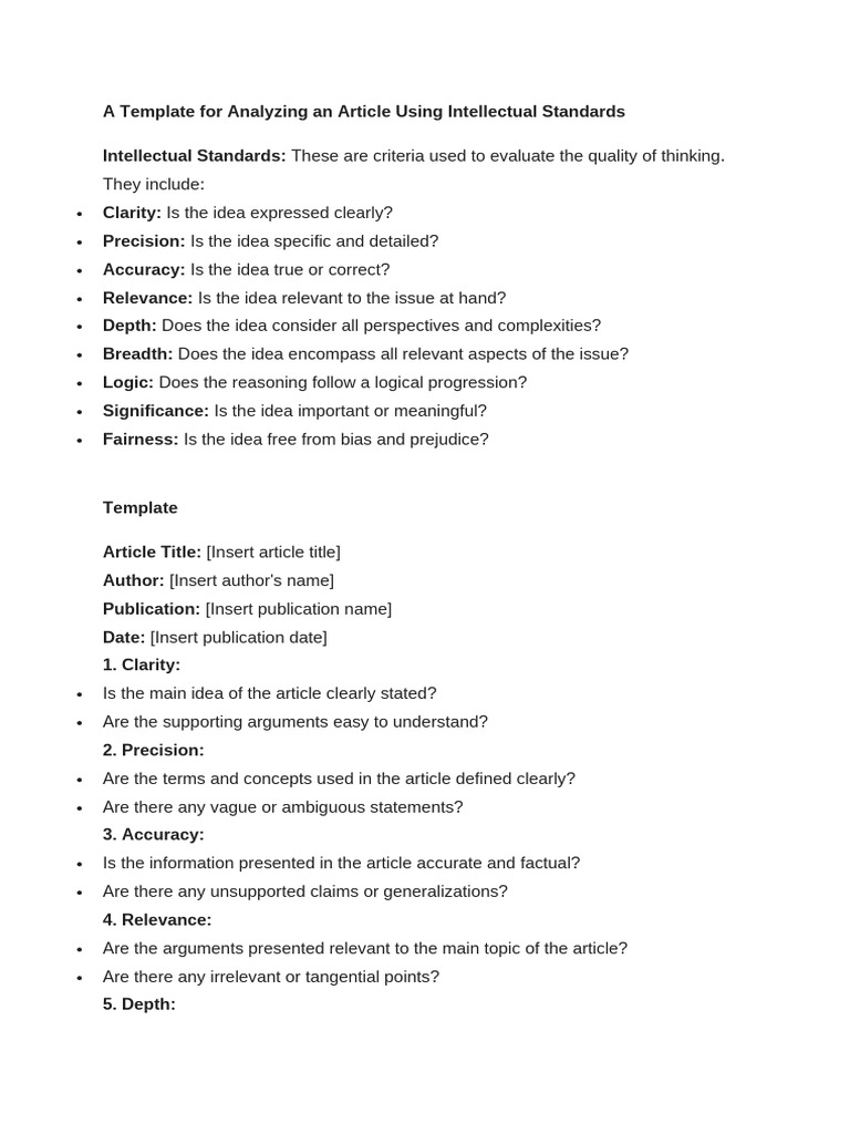 Article Analysis Template Using Standards | PDF