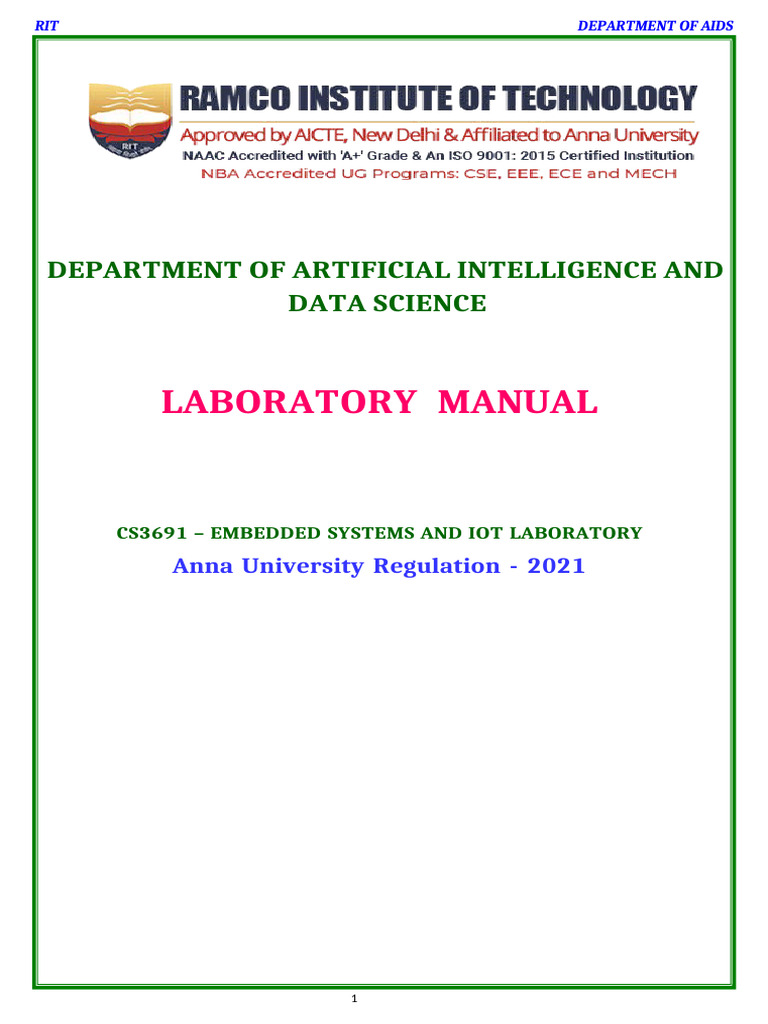 Embedded Systems & IoT Lab Manual | PDF | Arduino | Embedded System