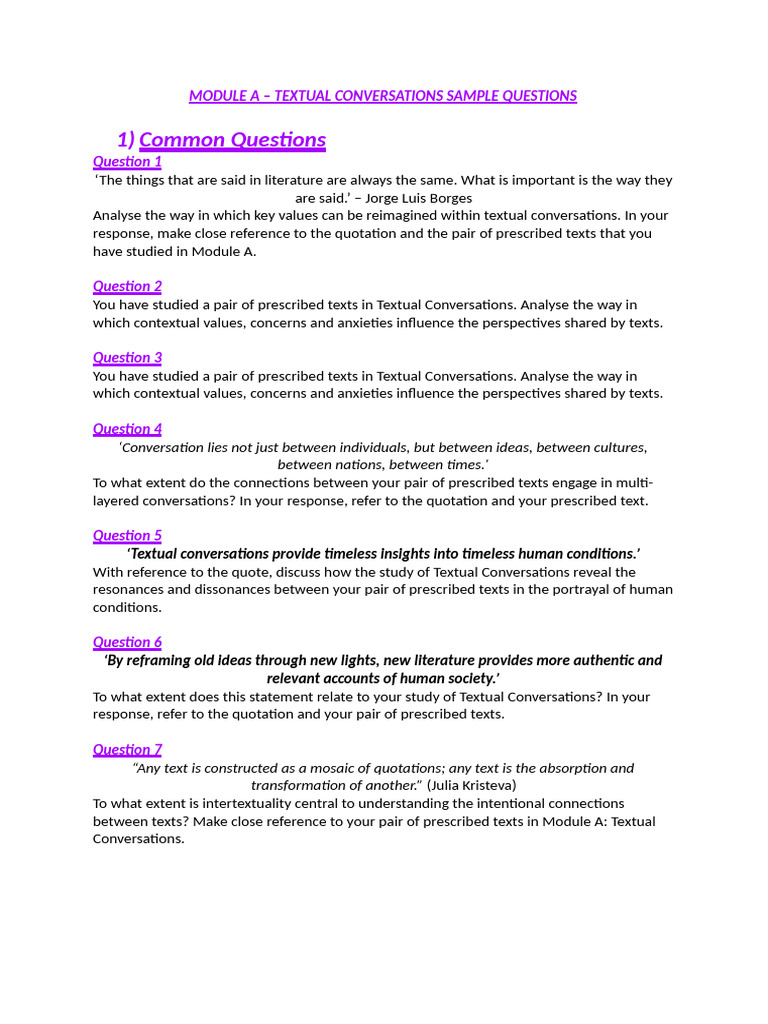 Textual Conversations: Sample Analysis Questions | PDF