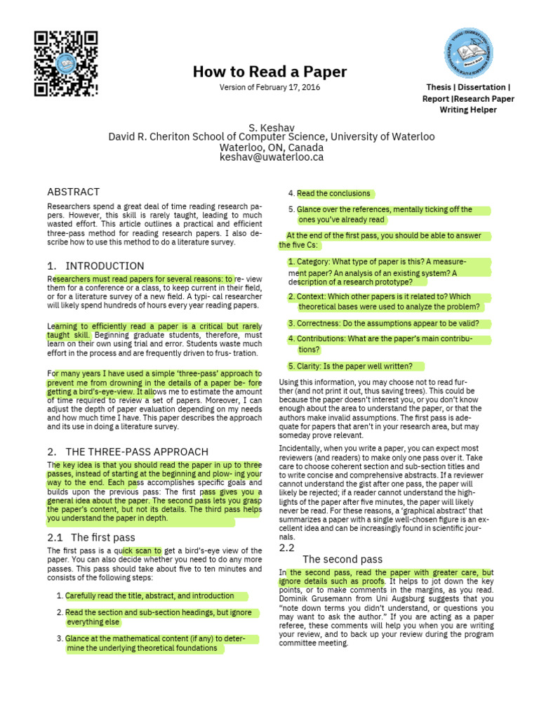 How to read a paper | PDF | Thesis | Cognition