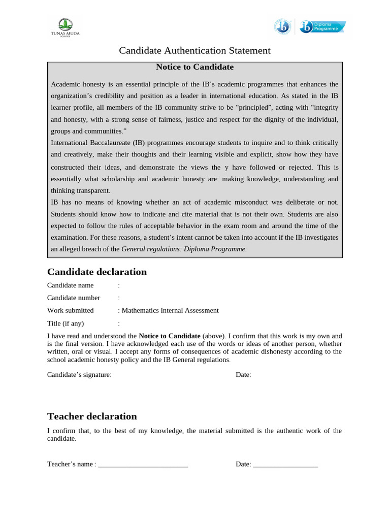 IB Candidate Authentication Statement | PDF