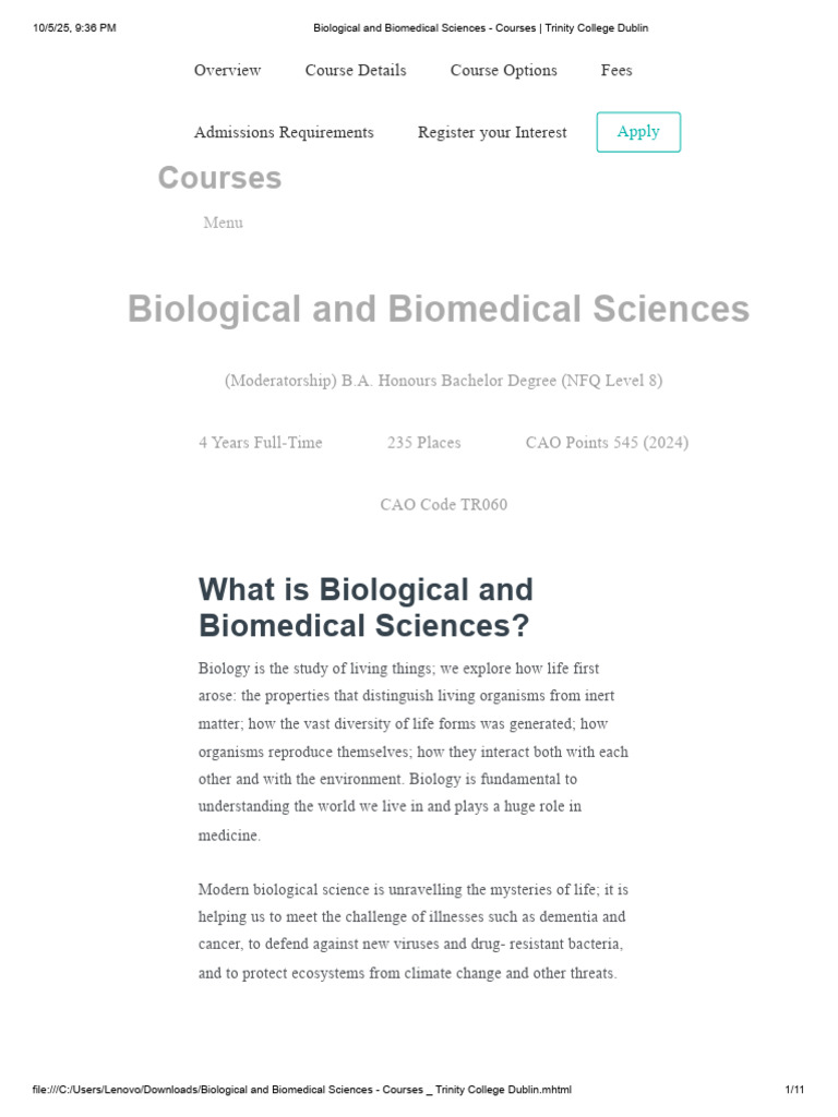 Biological and Biomedical Sciences Course | PDF | Science | Zoology
