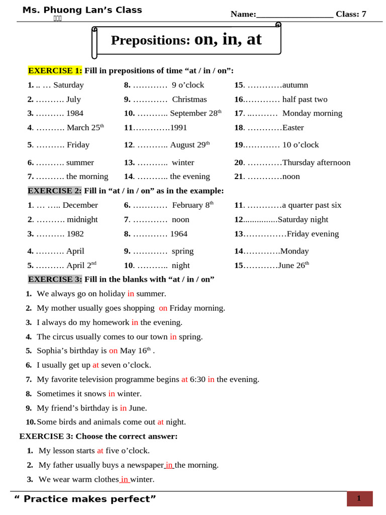 Prepositions of Time Practice Exercises | PDF