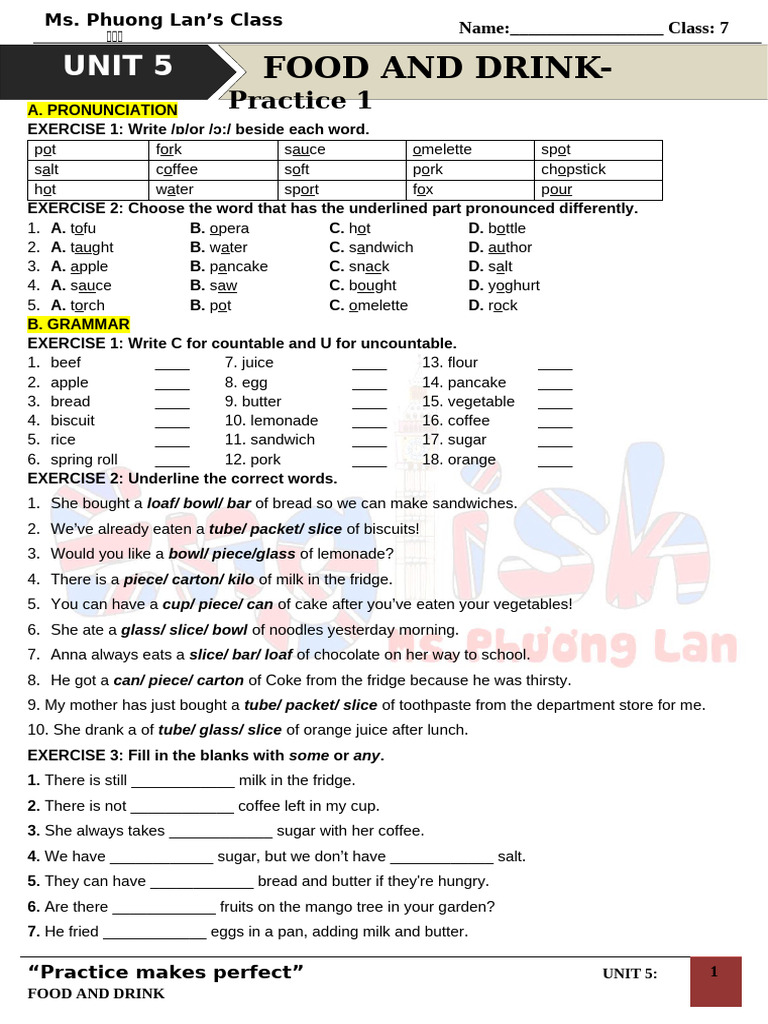 Food and Drink Exercises for Class 7 | PDF | Vietnamese Cuisine | Foods