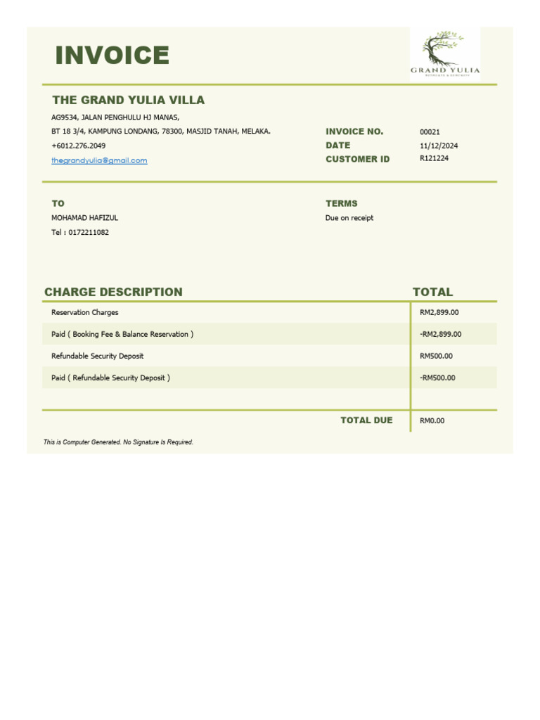Grand Yulia Villa Invoice #00021 | PDF