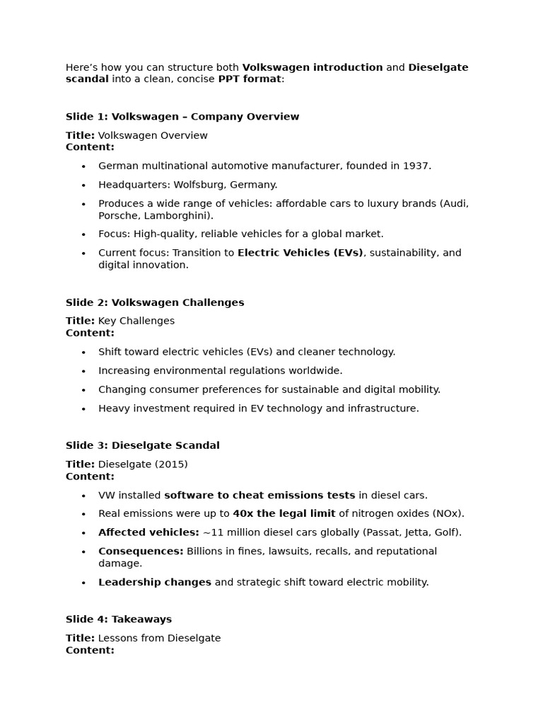 Volkswagen Overview and Dieselgate Insights | PDF