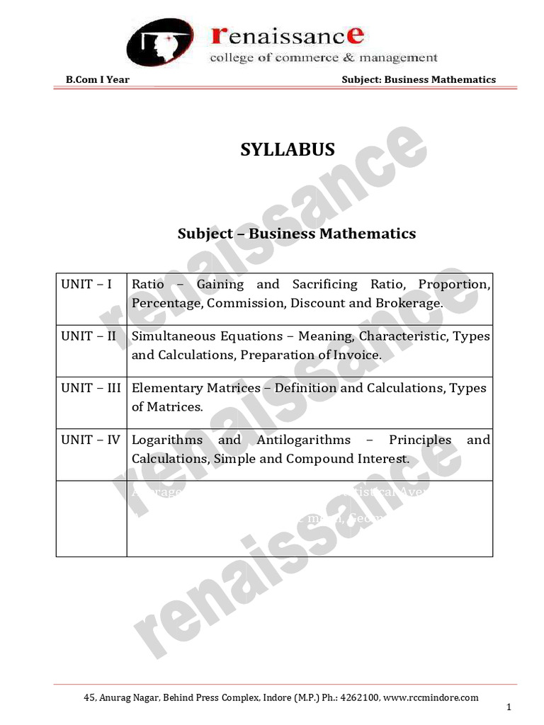 Business Mathematics Syllabus Overview | PDF | Matrix (Mathematics ...
