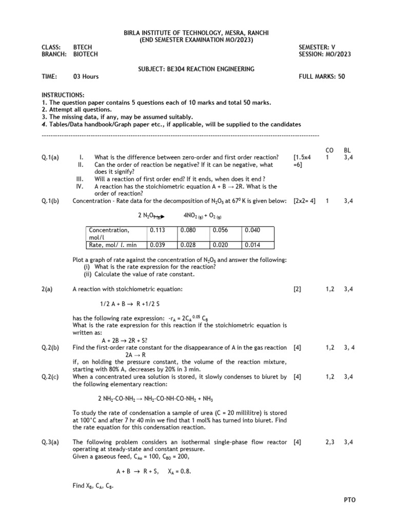 BTech Reaction Engineering Exam Paper | PDF | Chemical Reactor ...