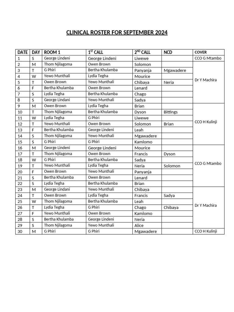 Clinical Roster for September 2024 (2) - Copy | PDF