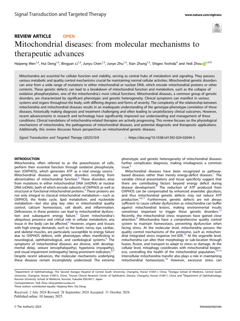 Mitochondrial Diseases: Mechanisms & Advances | PDF | Mitochondrion ...