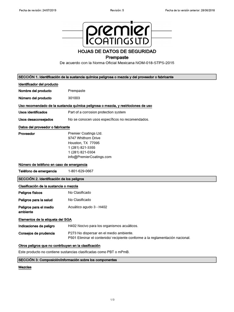 Hoja de Seguridad de Prempaste 2019 | PDF | Química