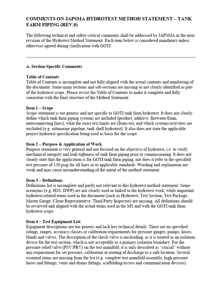 Comments On Japsma Hydrotest Method Statement - 10 Dec 2025 | PDF ...