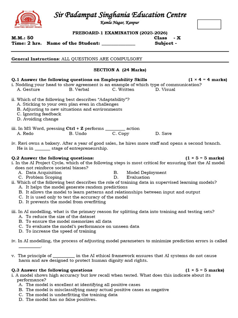 Class X AI Preboard Exam 2025-2026 | PDF | Artificial Intelligence ...