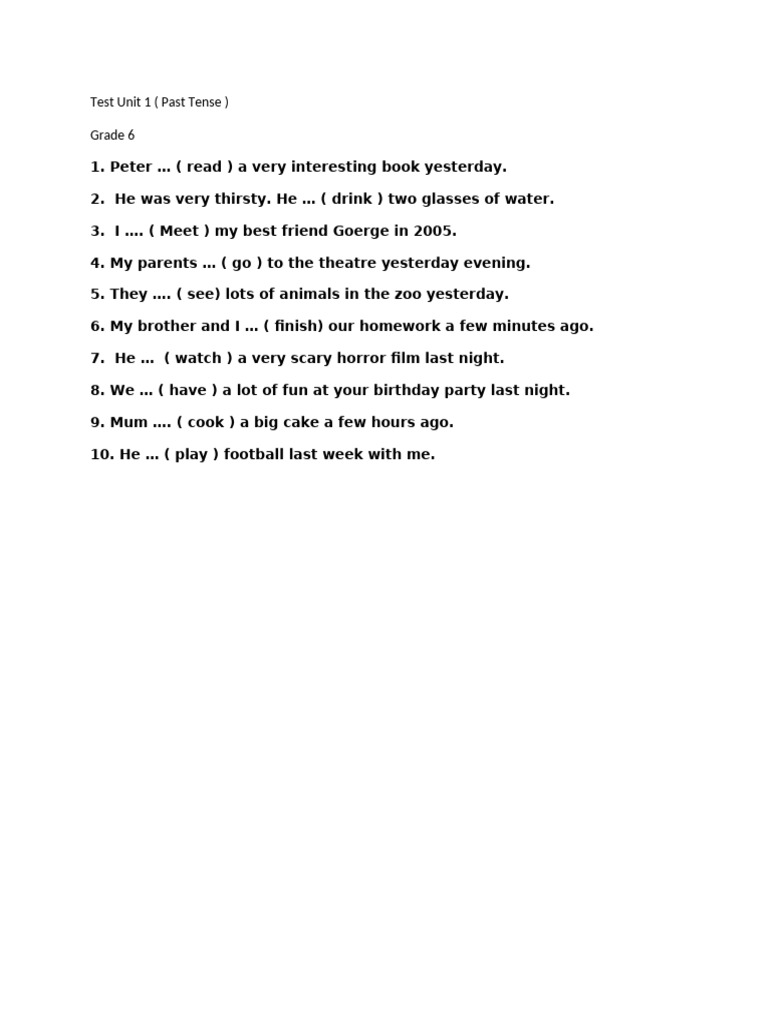 Grade 6 Past Tense Test Unit 1 | PDF