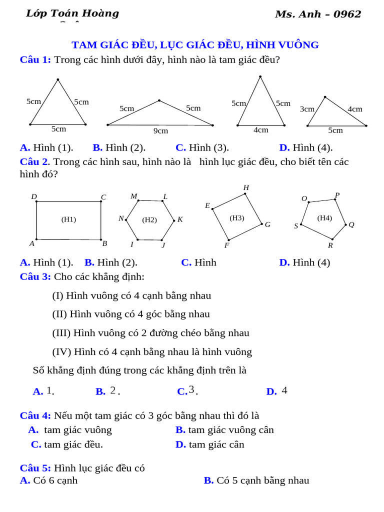 Hình Vuông, Tam Giác Đều, Lục …