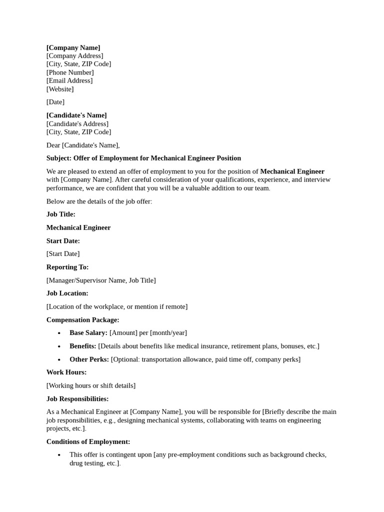 Mechanical Engineer Job Offer Letter | PDF