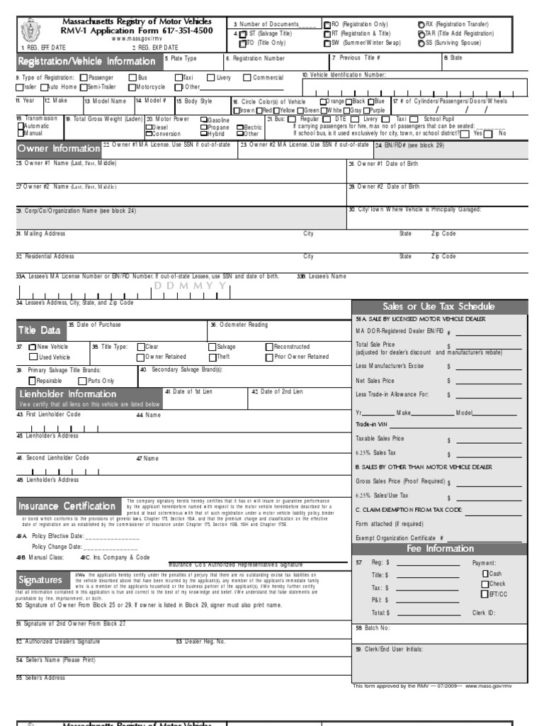 Massachusetts RMV-1 Form Instructions | PDF | Use Tax | Insurance