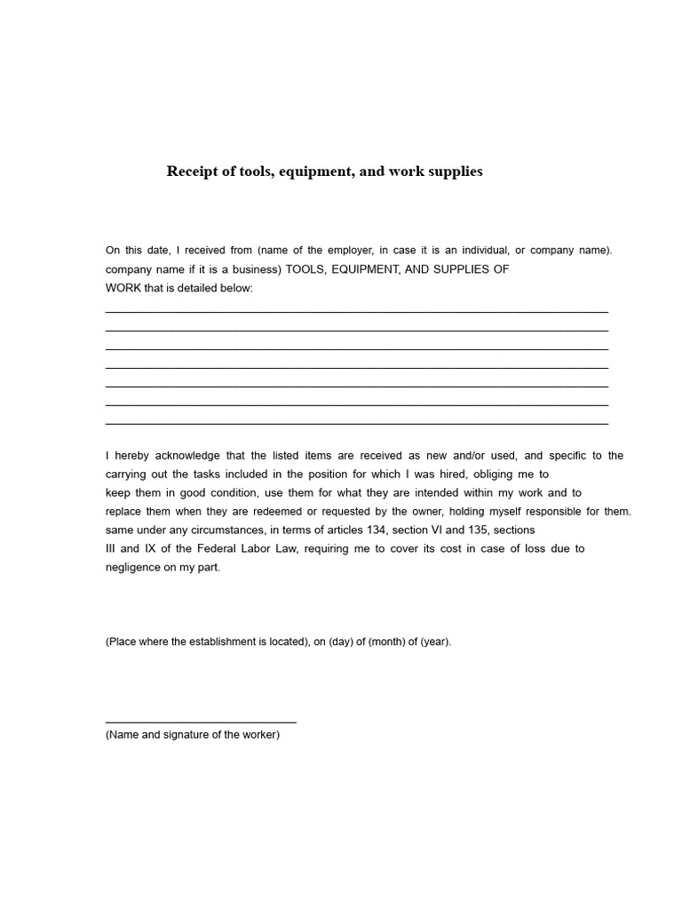 Tool and Equipment Receipt Acknowledgment | PDF