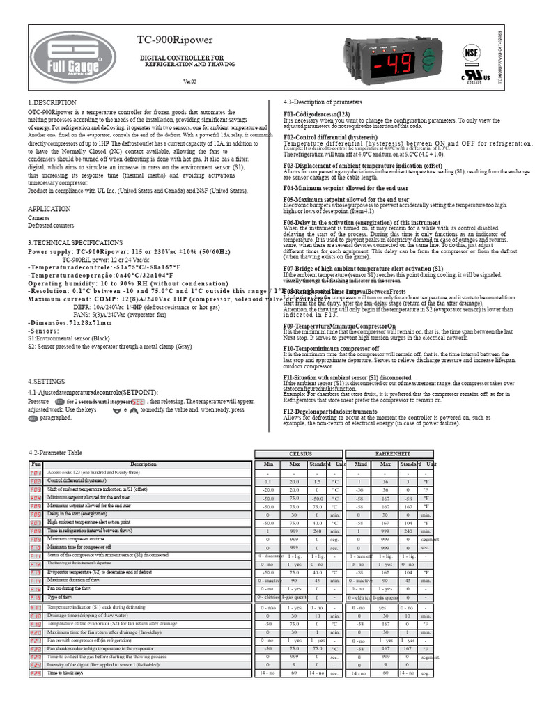 TC-900Ri Digital Temperature Controller | PDF | Refrigeration | Ice
