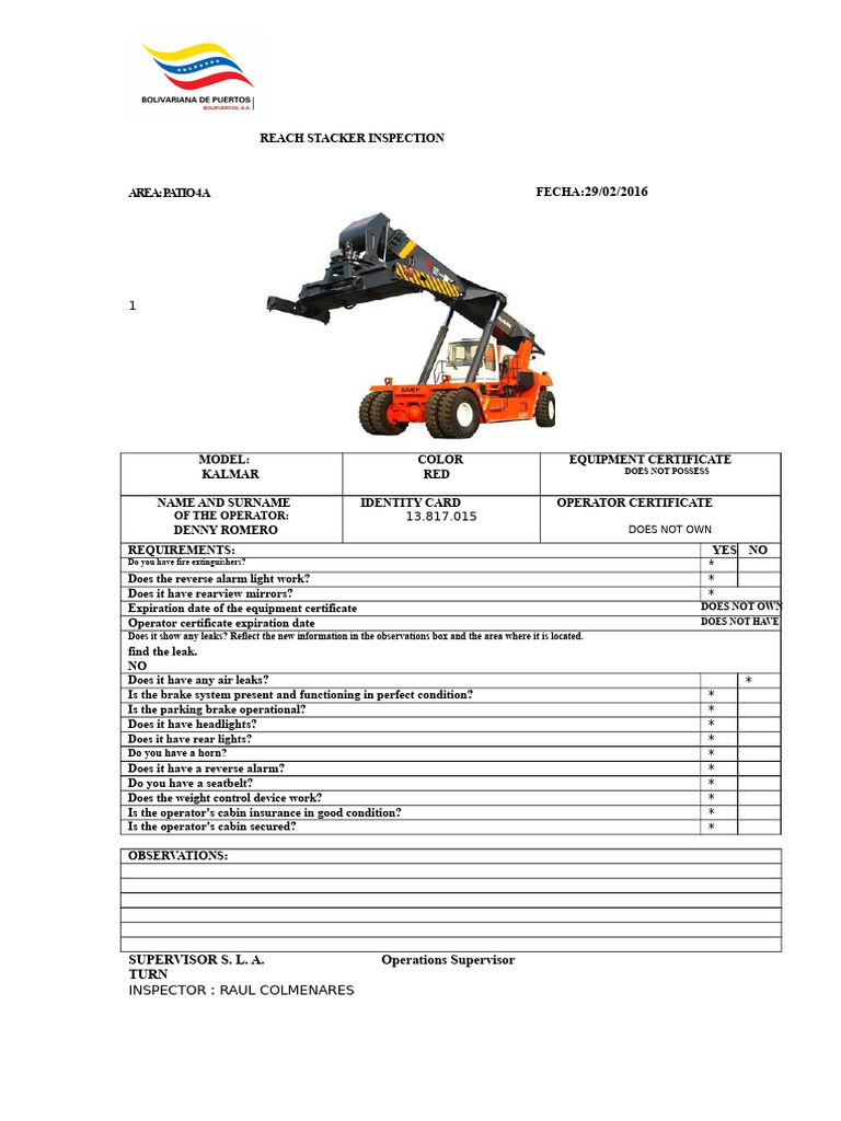 Inspection of Reach Stacker Yard 4 | PDF | Motor Vehicle | Wheeled Vehicles