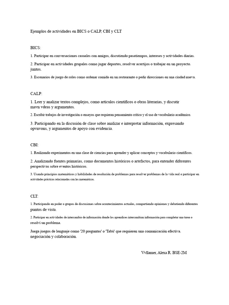 Ejemplos de Actividades en BICS o CALP CBI y CLT (2) | PDF