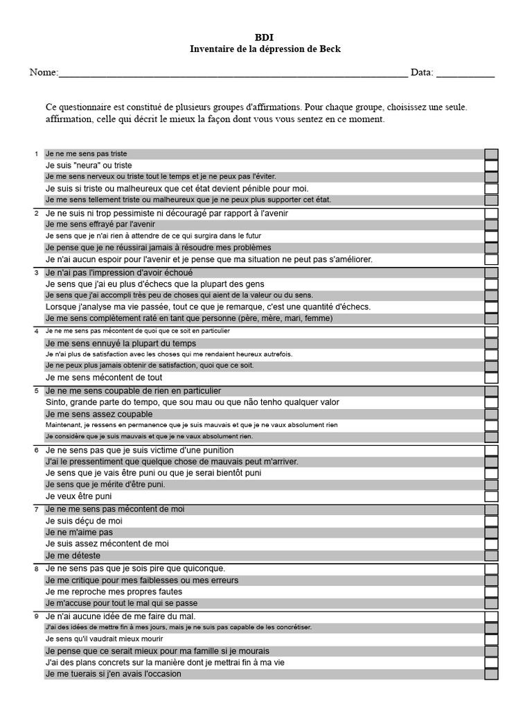 Questionnaire sur la dépression de Beck | PDF | Dépression (psychiatrie)
