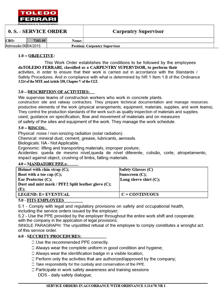 Carpentry Supervisor Safety Guidelines | PDF | Personal Protective ...