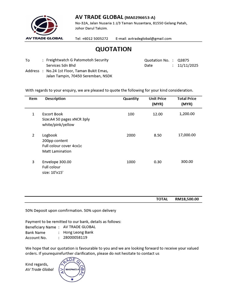 Quotation Q3875 from AV Trade Global | PDF
