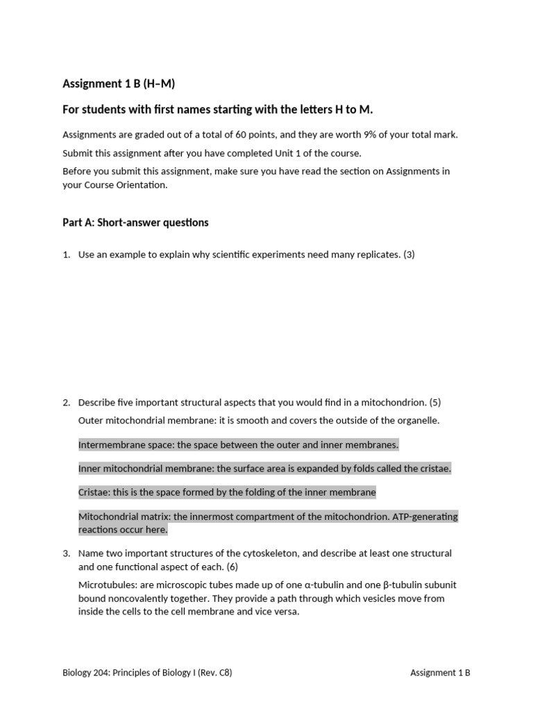 Biology 204 Assignment 1 B Overview | PDF | Cell (Biology) | Mitochondrion