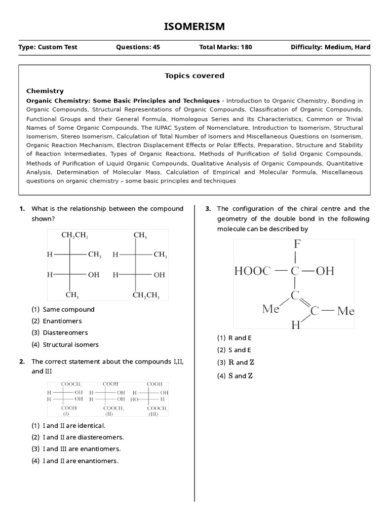 Isomerism in Organic Chemistry Test | PDF | Isomer | Chirality (Chemistry)