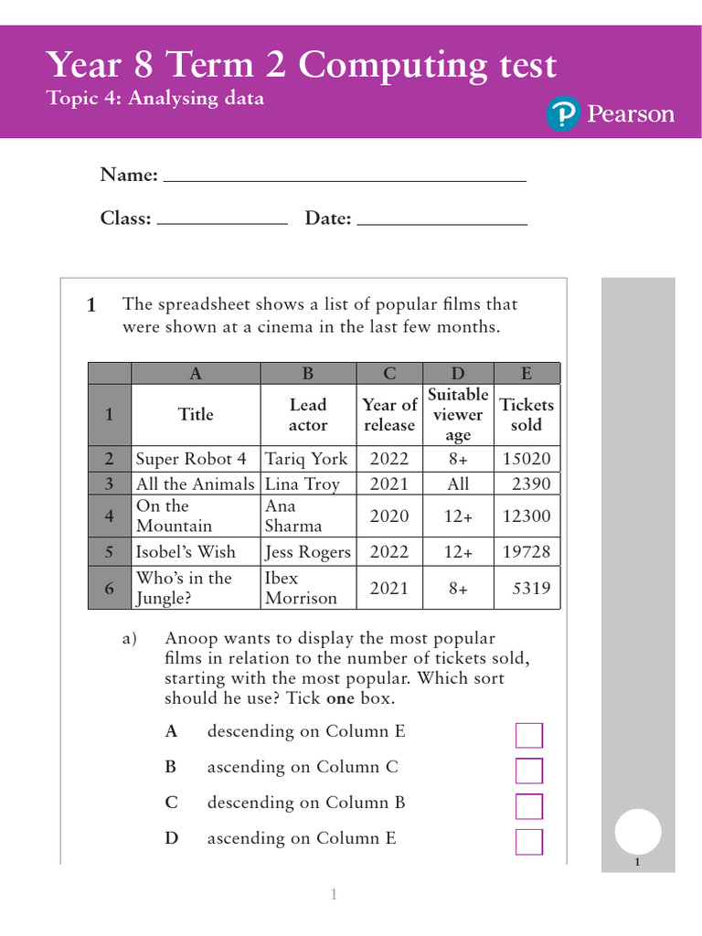 Year 8 Computing Test: Data Analysis | PDF | Computing | Information ...