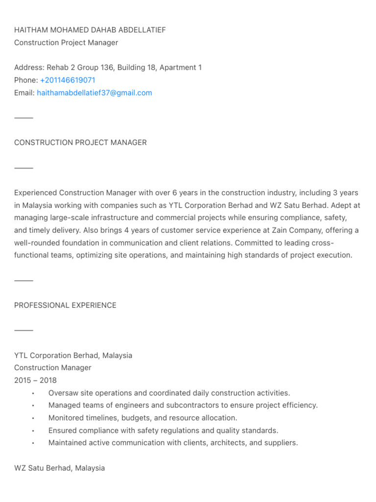 Experienced Construction Project Manager | PDF | Construction ...