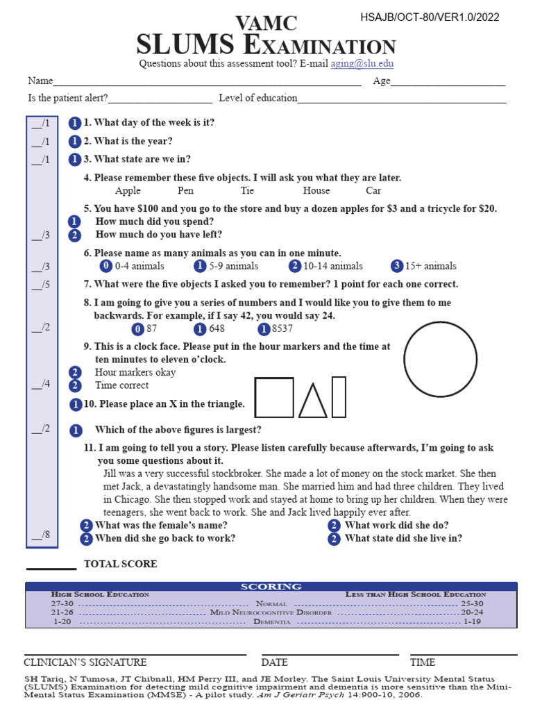 SLUMS Examination for Cognitive Assessment | PDF | Cognition | Neuroscience